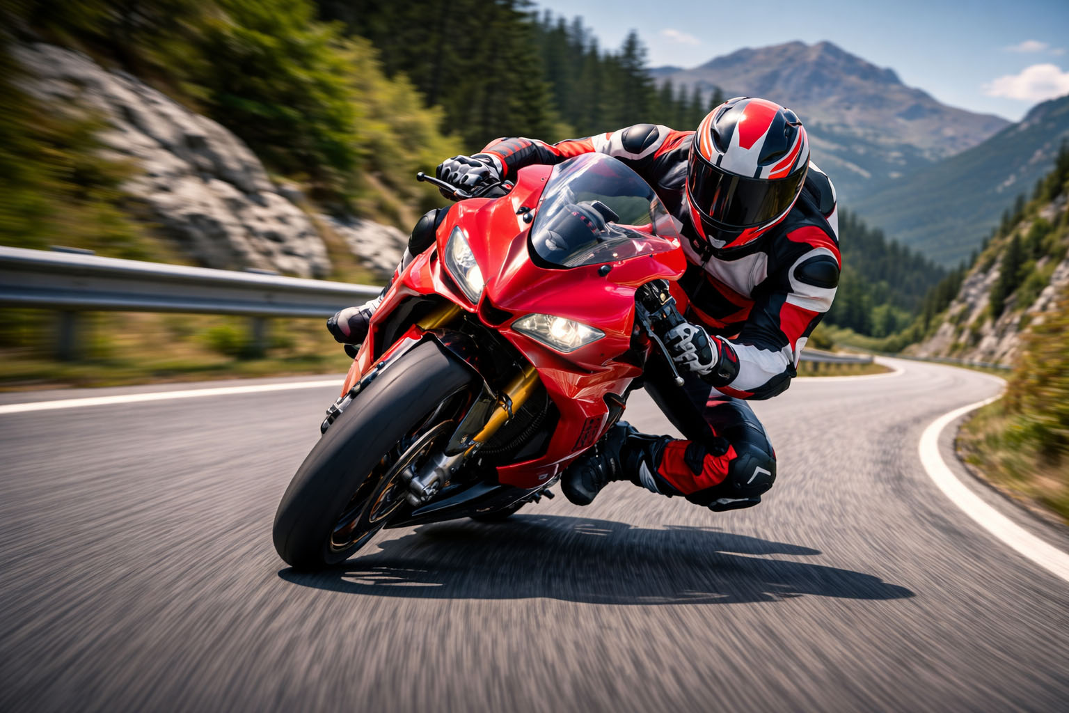 Ducati Panigale V4 roulant à pleine vitesse sur une route de montagne